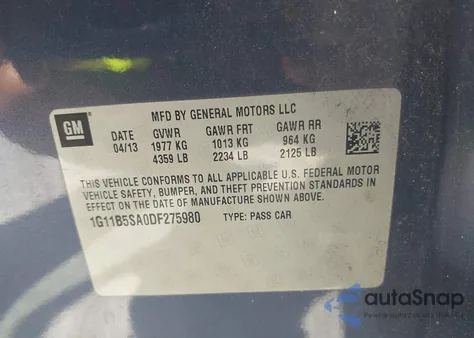 2013 Chevrolet Malibu 1Ls z USA, uszkodzony, nr VIN 1G11B5SA0DF275980